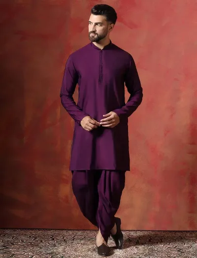 Purple Cotton Blend Kurta For Men With Solid Print